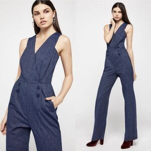 BCBGeneration Nautical Sleeveless Jumpsuit Navy Blue Striped Linen Women's 8